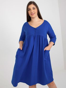 Tmavo-modré voľné rozšírené plus size šaty s gombíkmi a vreckami