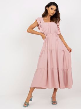 Svetloružové dámske romantické šaty s volánmi a s gumičkou v páse