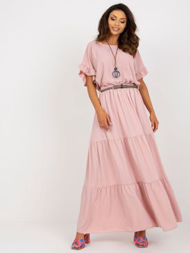 Svetlo-ružová maxi sukňa s volánom a opaskom
