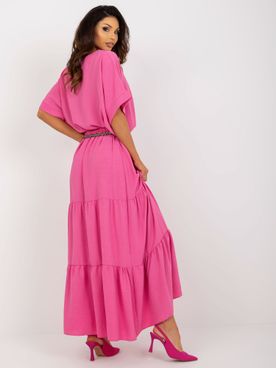 Ružová maxi sukňa s volánom a opaskom