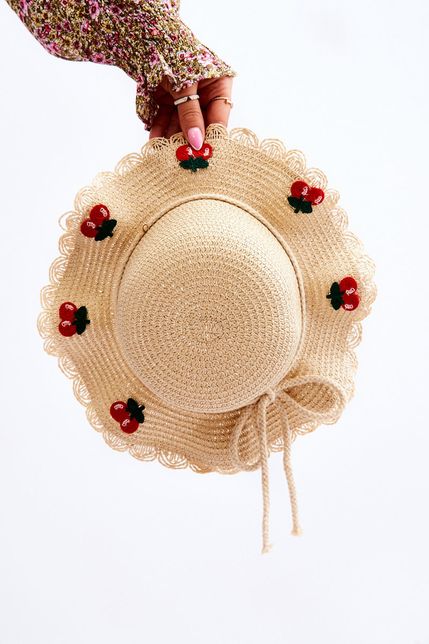 Dámsky béžový letný klobúk so vzorom višní