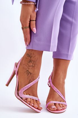 Ružové trblietavé sandále na vysokom ihličkovom podpätku
