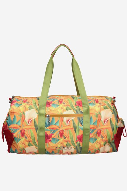 Oranžová kvetinová veľká cestovná taška so zelenými rúčkami