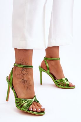 Lesklé zelené sandále pre ženy na ihlicovom podpätku