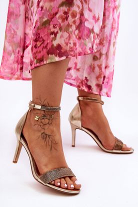 Zlaté lesklé sandále pre ženy na vysokom podpätku s trblietavými kamienkami