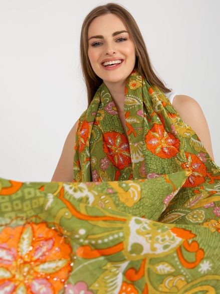 Zeleno-oranžová bavlnená dámska vzorovaná šatka