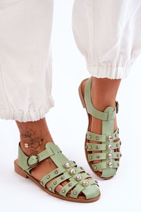 Zelené dámske pruhované sandále zdobené kamienkami