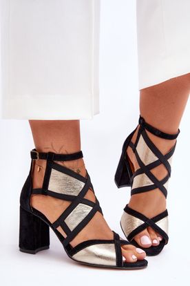 Čierno-zlaté elegantné sandále na podpätkoch