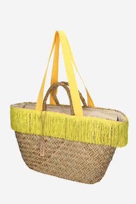 Béžovo-žltá tkaná plážová košíková taška NOBO so strapcami