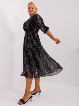 Čierne ľahké bodkované plus size šaty s viazaním a volánovými rukávmi