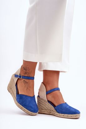 Modré semišové espadrilkové sandále na kline s prackou