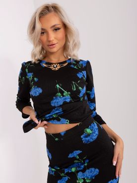 Čierno-modrý bavlnený elegantný sukňový komplet s kvetinami