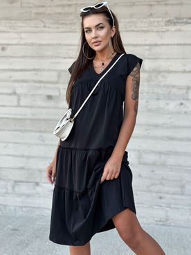Čierne bavlnené pohodlné šaty s volánmi a krátkym rukávom