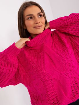 Fuchsiový oversize rolákový pletený vzorovaný sveter