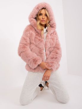 Svetlo-ružová štýlová kožušinová prechodná bunda s kapucňou