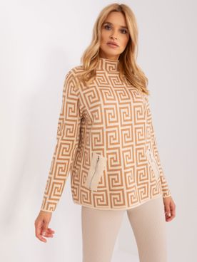 Béžový rolákový vzorovaný sveter s vreckami na zips