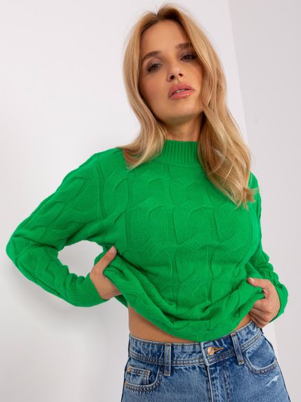 Zelený rolákový bavlnený pletený sveter s vrkočovým vzorom