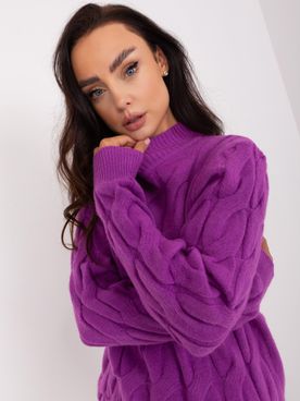 Fialový rolákový bavlnený pletený sveter s vrkočovým vzorom