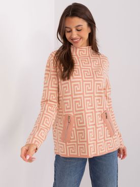 Broskyňový rolákový vzorovaný sveter s vreckami na zips