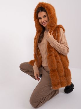 Hnedá dámska kožušinová vesta s vreckami a kapucňou
