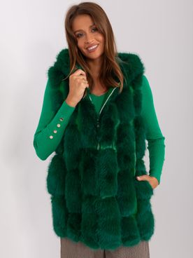 Tmavo-zelená dámska kožušinová vesta s vreckami a kapucňou