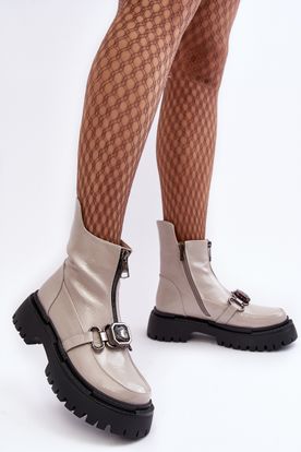 Béžové dámske platformové členkové topánky s predným zipsom a ozdobou