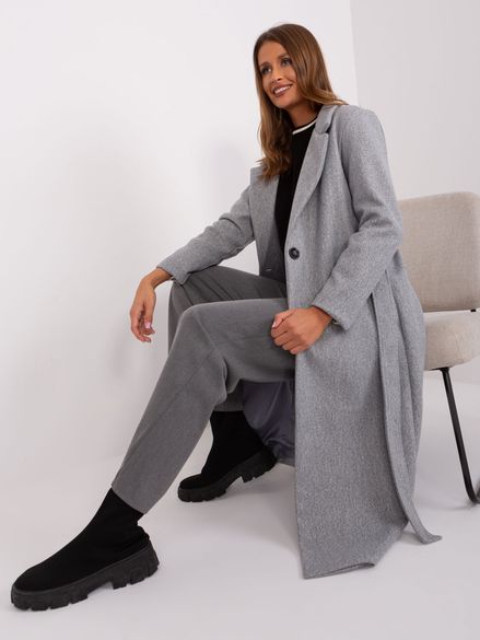 Sivý melanžový elegantný dlhý kabát s opaskom bez kapucne