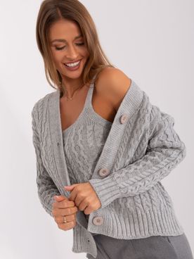 Sivý pletený vlnený sveter na gombíky s tielkom