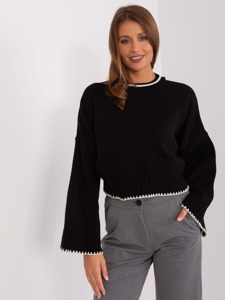 Čierny voľný ležérny krátky sveter so širokými rukávmi