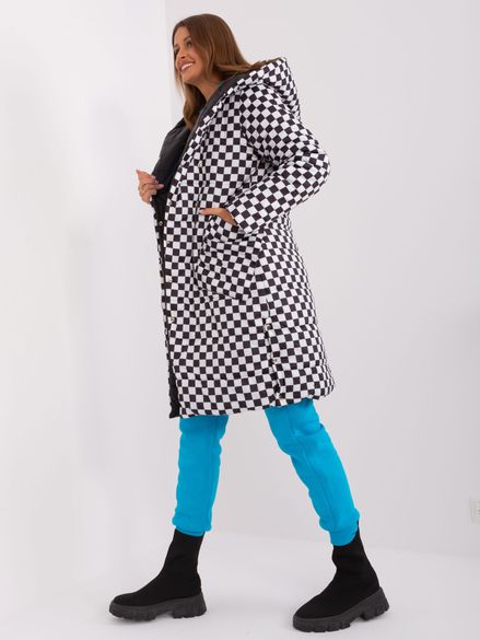 Čierno-biela obojstranná dámska páperová zimná bunda so zapínaním na patentky