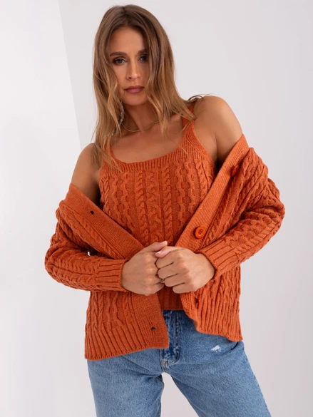 Oranžový pletený vlnený sveter na gombíky s tielkom