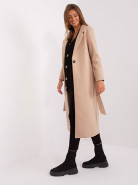 Béžový elegantný dlhý kabát s opaskom bez kapucne