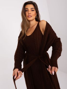 Tmavo-hnedá dvojdielna pletená súprava šiat s dlhým kardigánom