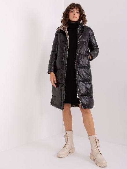 Čierna lesklá kožená zimná bunda bez kapucne so zvieracím vzorom