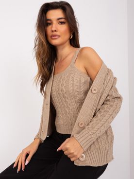 Tmavo-béžový pletený vlnený sveter na gombíky s tielkom