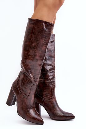 Tmavo-hnedé dámske špicaté čižmy pod kolená s hadím vzorom z eko kože