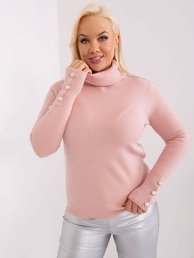 Svetlo-ružový PLUS SIZE sveter s golierom a ozdobnými gombíkmi na rukávoch