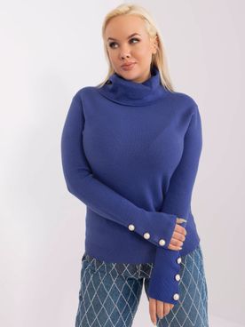 Tmavo-modrý PLUS SIZE sveter s golierom a ozdobnými gombíkmi na rukávoch
