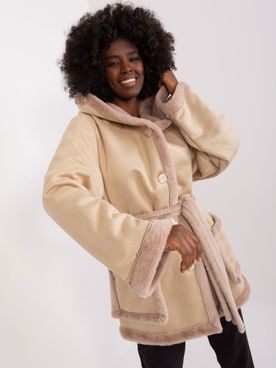 Béžový zateplený bavlnený kabát s kožušinou a kapucňou