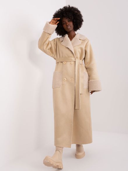 Béžový dlhý bavlnený kabát s imitáciou ovčej kožušiny