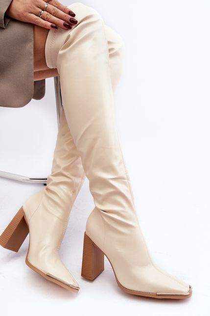Béžové kožené dámske vysoké čižmy so zrezanou špičkou nad kolená