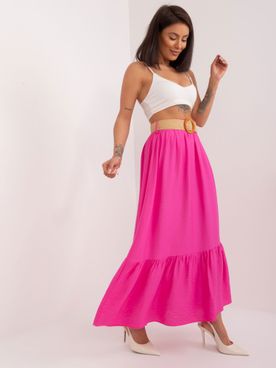 Ružová dlhá sukňa s vysokým pásom volánom a opaskom