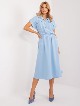 Svetlomodré košeľové šaty s gombíkmi gumičkou v páse a s krátkym rukávom