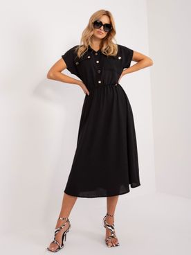 Čierne košeľové šaty s gombíkmi gumičkou v páse a s krátkym rukávom