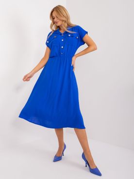 Modré letné šaty s gombíkmi gumičkou v páse a s krátkym rukávom