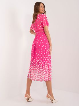 Ružovo-biele plisované midi šaty s bodkami a s opaskom