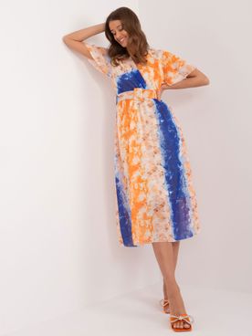 Dámske oranžovo-modré midi šaty s potlačou a s opaskom