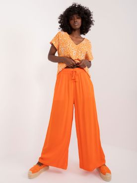 Oranžové viskózové voľné nohavice so sťahujúcou šnúrkou v páse