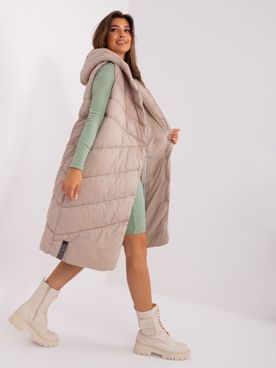 Béžová prešívaná zateplená dlhá vesta s kapucňou