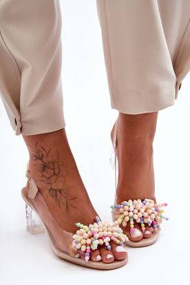 Béžové dámske priesvitné sandále s farebnými korálkami